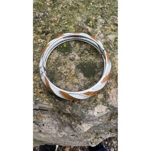 Vintage‎ Enamel Hinged Bangle Bracelet White Brown Silver Tone Statement